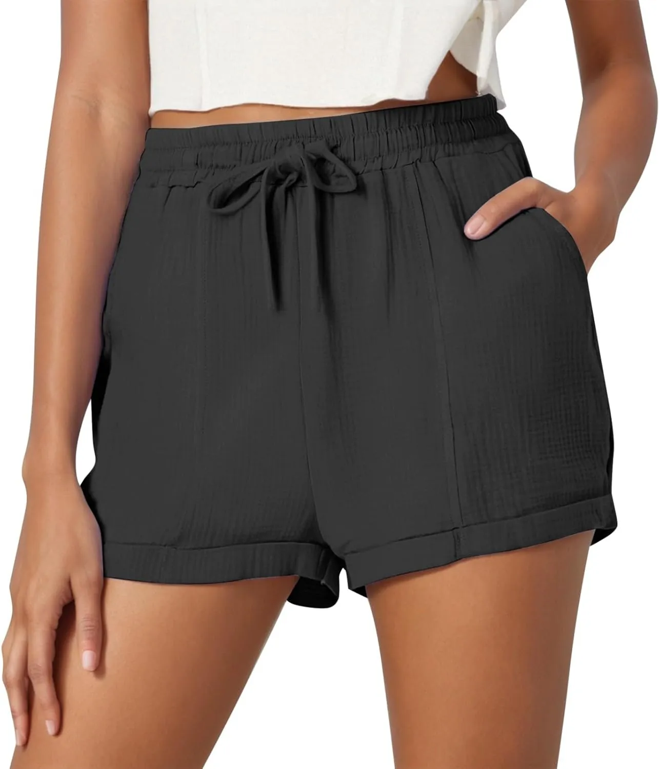 Summer Beach Shorts for Women High Elastic Waist Casual Chino Shorts Lightweight Drawstring Stretch Dressy Pants with Pockets