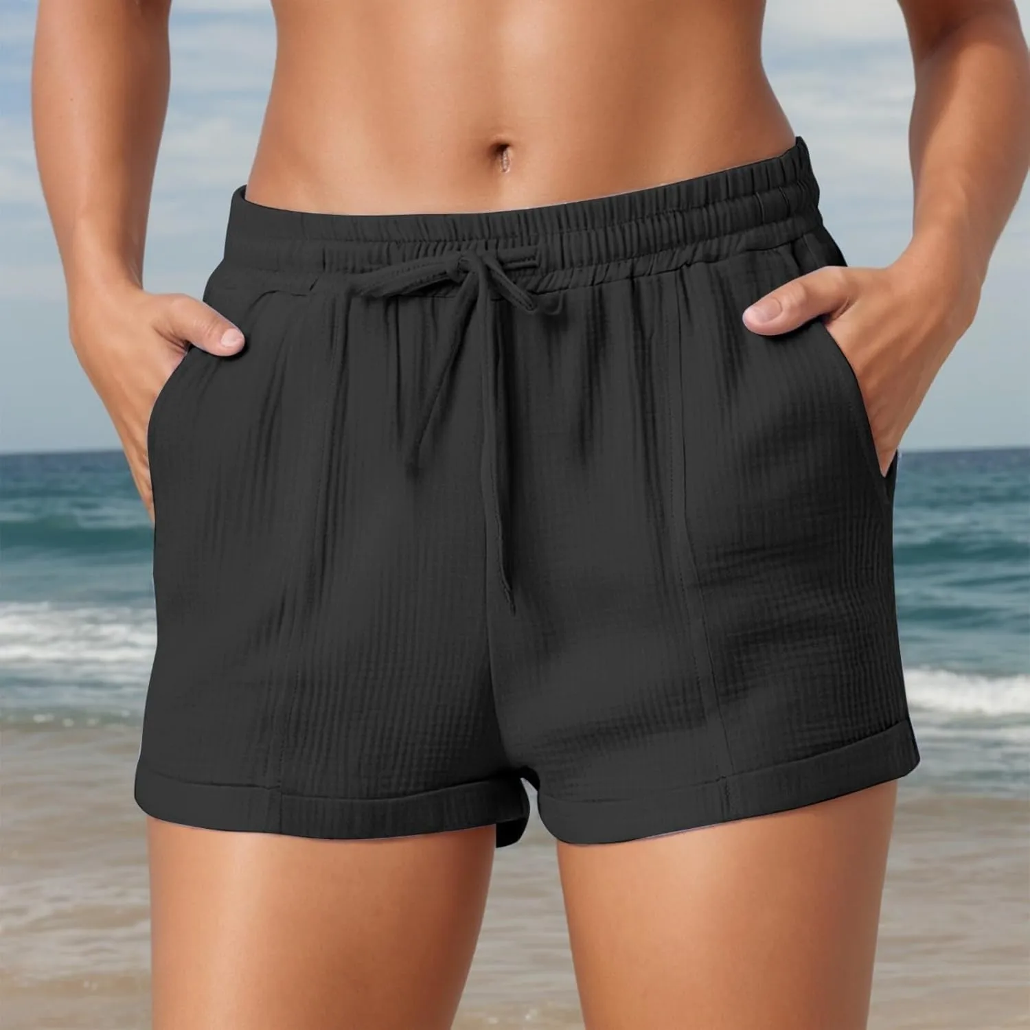 Summer Beach Shorts for Women High Elastic Waist Casual Chino Shorts Lightweight Drawstring Stretch Dressy Pants with Pockets