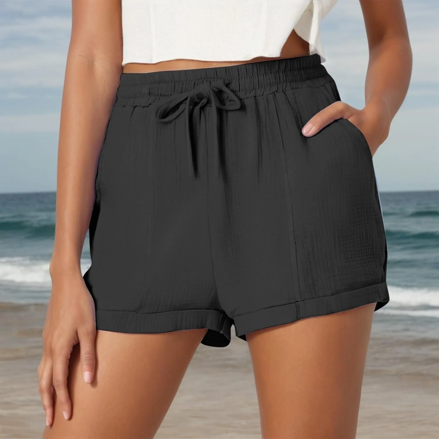 Summer Beach Shorts for Women High Elastic Waist Casual Chino Shorts Lightweight Drawstring Stretch Dressy Pants with Pockets