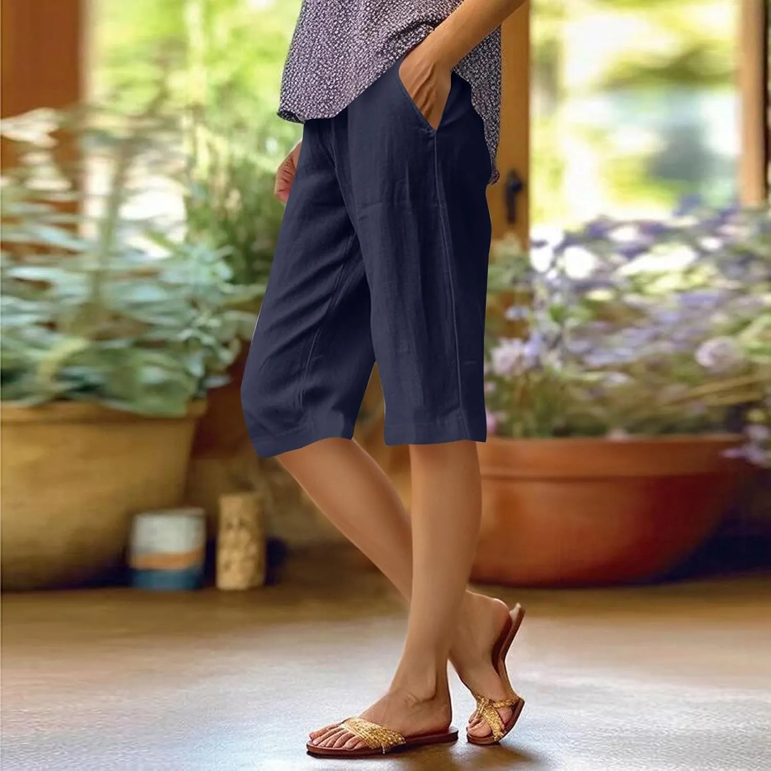 Summer Bermuda Shorts for Women Knee Length 2024 Trendy Linen Shorts Lightweight Casual Beach Short Pants w/Pockets
