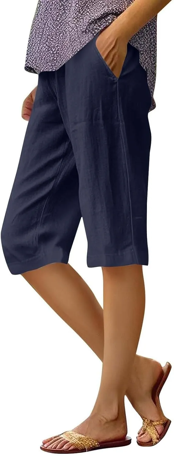 Summer Bermuda Shorts for Women Knee Length 2024 Trendy Linen Shorts Lightweight Casual Beach Short Pants w/Pockets