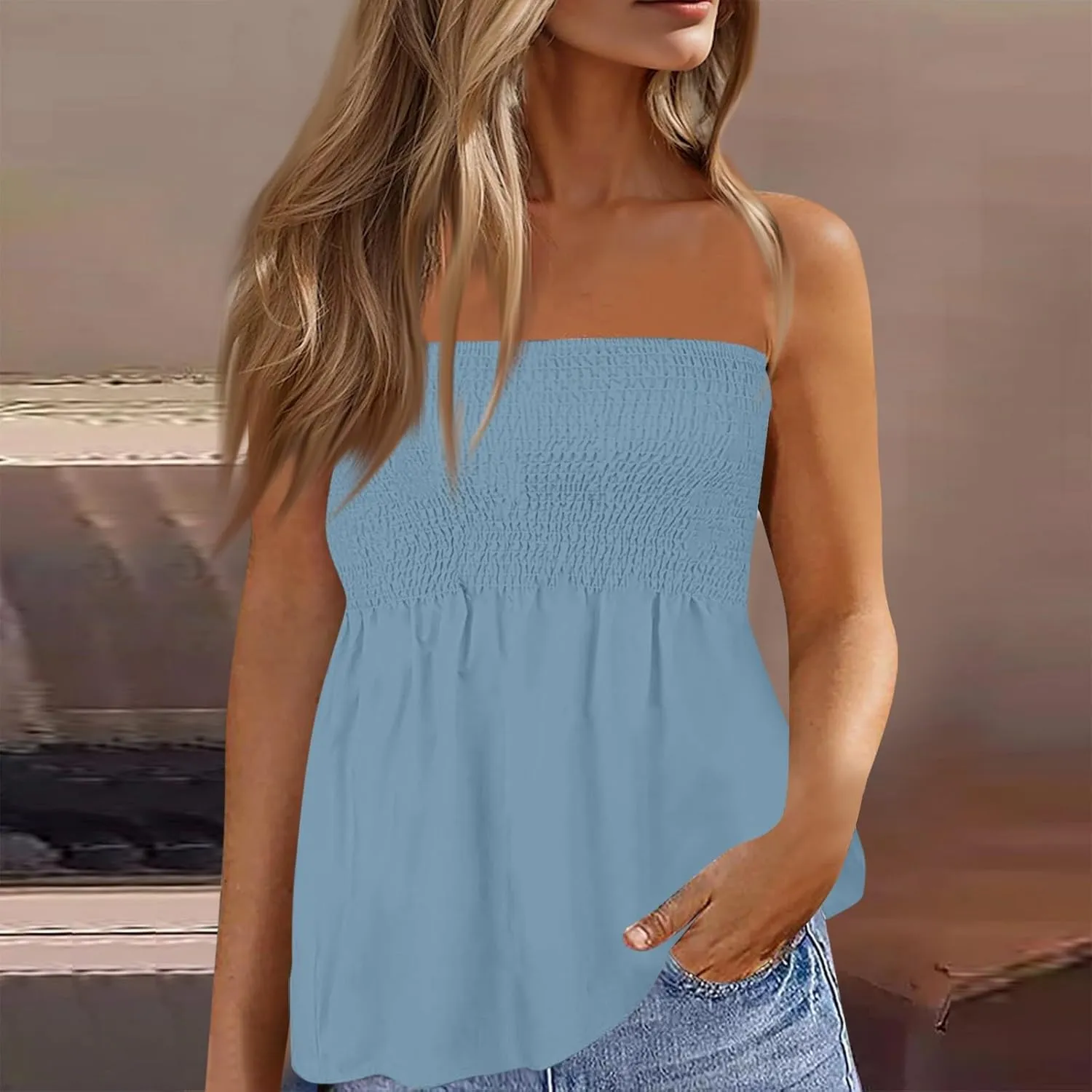 Summer Tube Tops for Women Going Out Sexy Sleeveless Off Shoulder Strapless Backless Pleated Elastic wrap Shirt Blouses