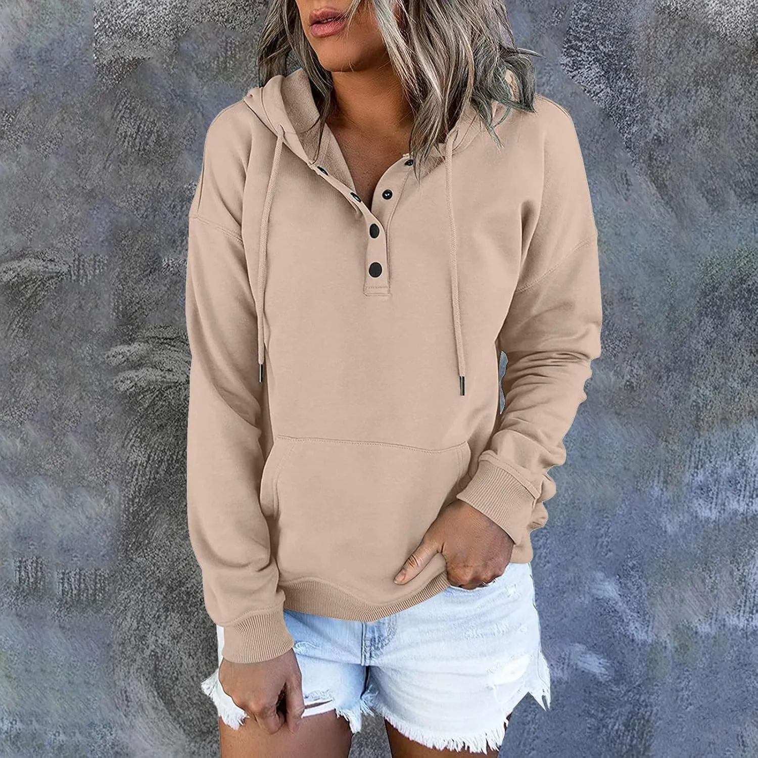 Sweatshirt for Women Trendy Casual Tops Hooded Button Collar Drawstring Hoodie Comfy Long Sleeve Fall Fashion Outfits