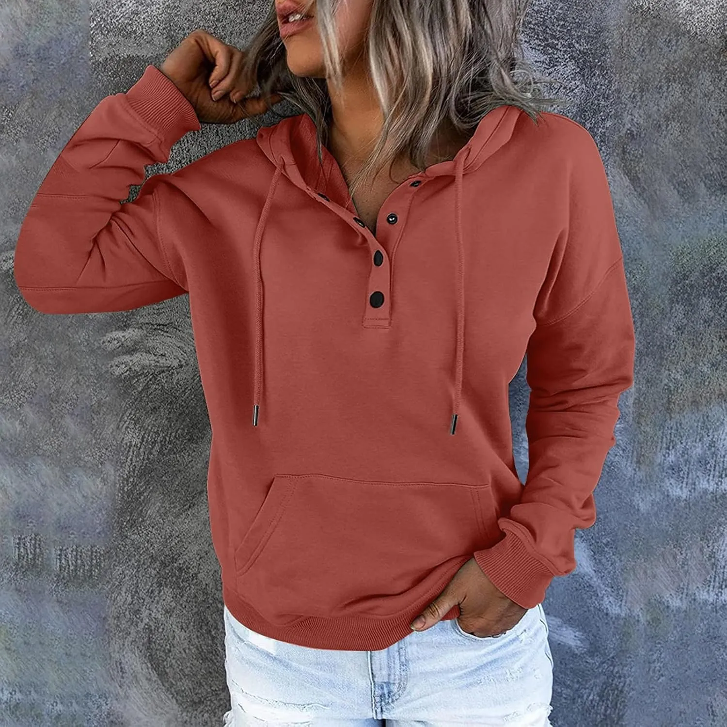 Sweatshirt for Women Trendy Casual Tops Hooded Button Collar Drawstring Hoodie Comfy Long Sleeve Fall Fashion Outfits