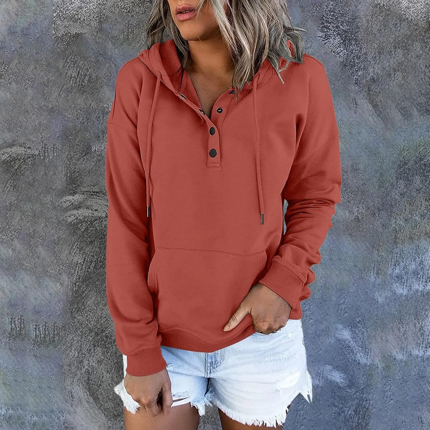 Sweatshirt for Women Trendy Casual Tops Hooded Button Collar Drawstring Hoodie Comfy Long Sleeve Fall Fashion Outfits