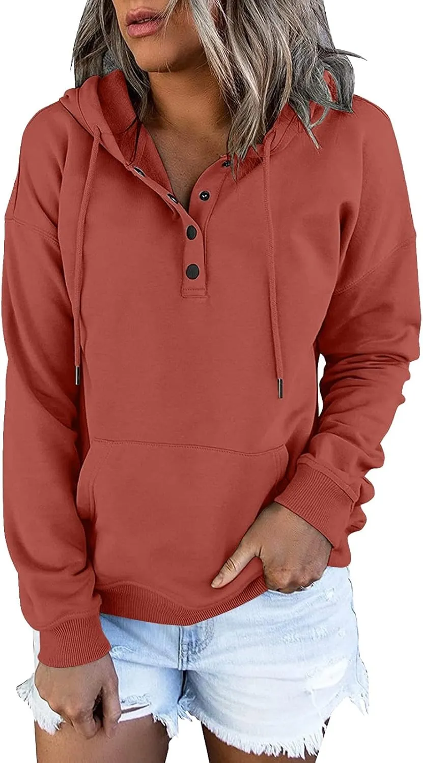 Sweatshirt for Women Trendy Casual Tops Hooded Button Collar Drawstring Hoodie Comfy Long Sleeve Fall Fashion Outfits