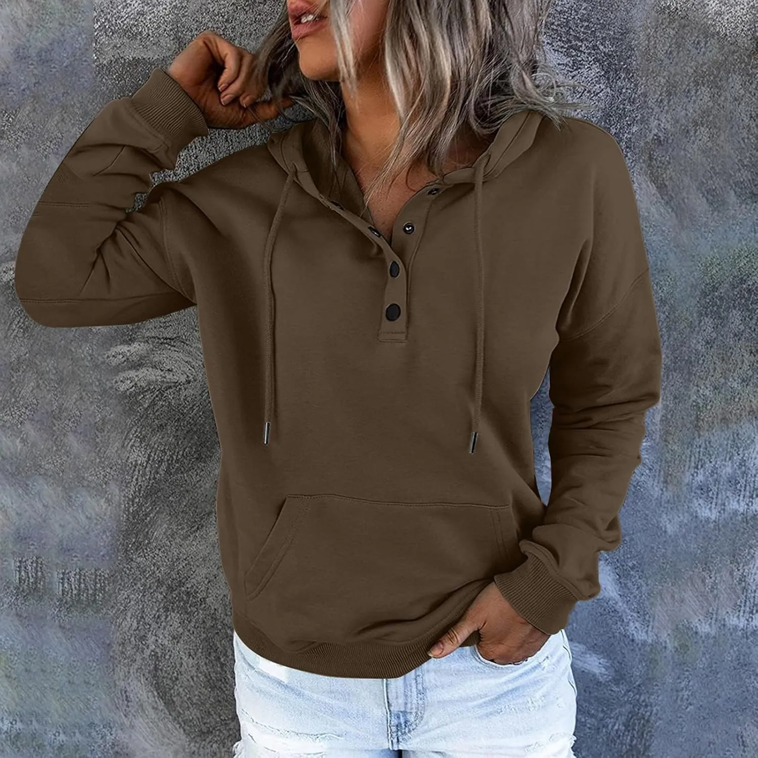 Sweatshirt for Women Trendy Casual Tops Hooded Button Collar Drawstring Hoodie Comfy Long Sleeve Fall Fashion Outfits