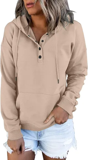 Sweatshirt for Women Trendy Casual Tops Hooded Button Collar Drawstring Hoodie Comfy Long Sleeve Fall Fashion Outfits