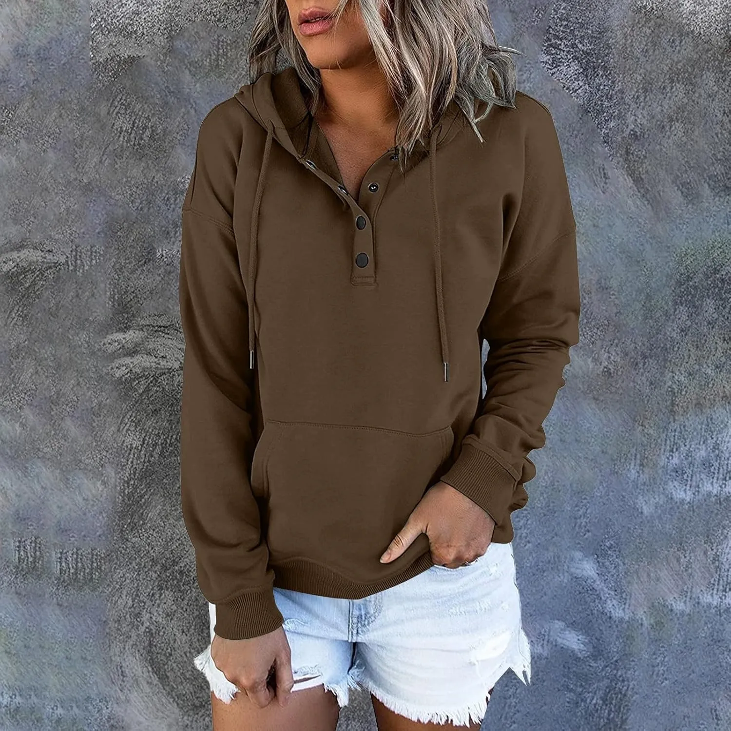 Sweatshirt for Women Trendy Casual Tops Hooded Button Collar Drawstring Hoodie Comfy Long Sleeve Fall Fashion Outfits