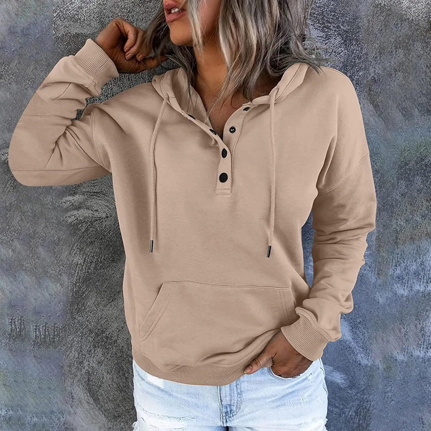 Sweatshirt for Women Trendy Casual Tops Hooded Button Collar Drawstring Hoodie Comfy Long Sleeve Fall Fashion Outfits