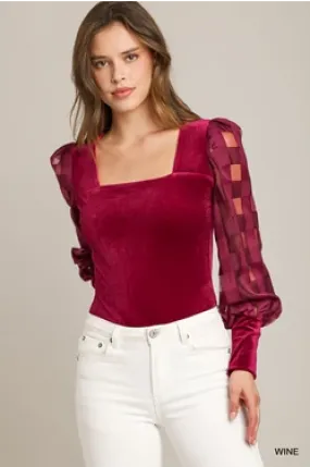 Wine Velvet Bodysuit with Balloon Sleeve