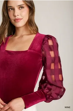 Wine Velvet Bodysuit with Balloon Sleeve