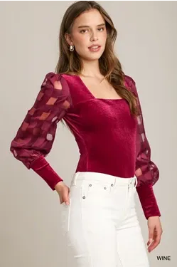 Wine Velvet Bodysuit with Balloon Sleeve