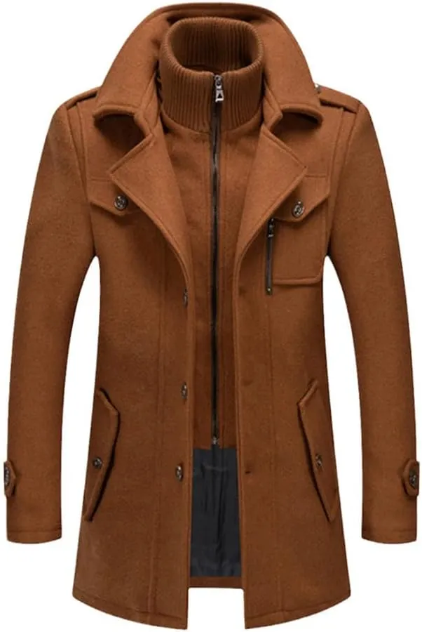 Winter Wool Coat Men Double Collar Thick Jacket Single Breasted Trench Coat Wool Blends Overcoats