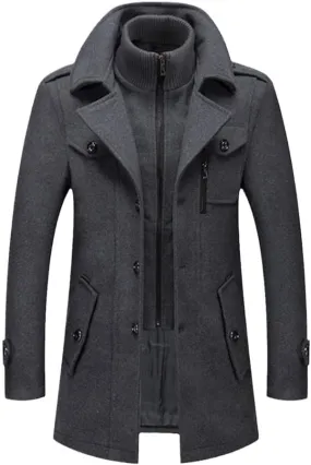 Winter Wool Coat Men Double Collar Thick Jacket Single Breasted Trench Coat Wool Blends Overcoats