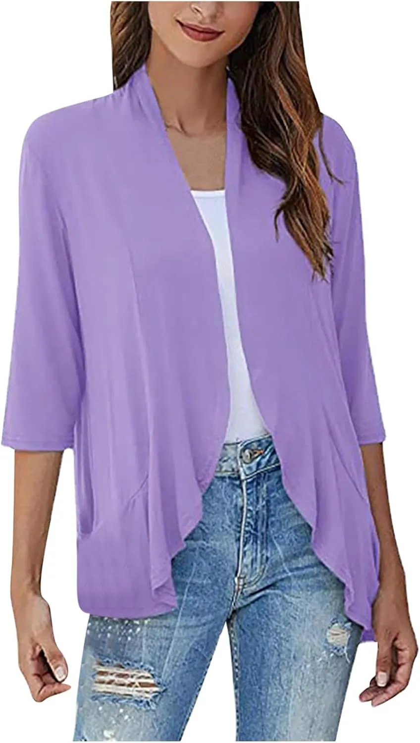 Wkishenl Women's 3/4 Sleeve Cardigan Summer Lightweight Cardigans Solid Draped Front Open Tops Casual Comfy Going Out Shirts