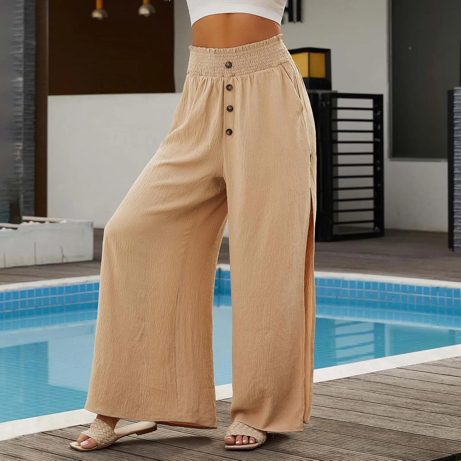 Women Linen Pants Summer Flowy Split Wide Leg Pants Casual Elastic Waist Palazzo Pants Boho Beach Pant Dressy Culottes