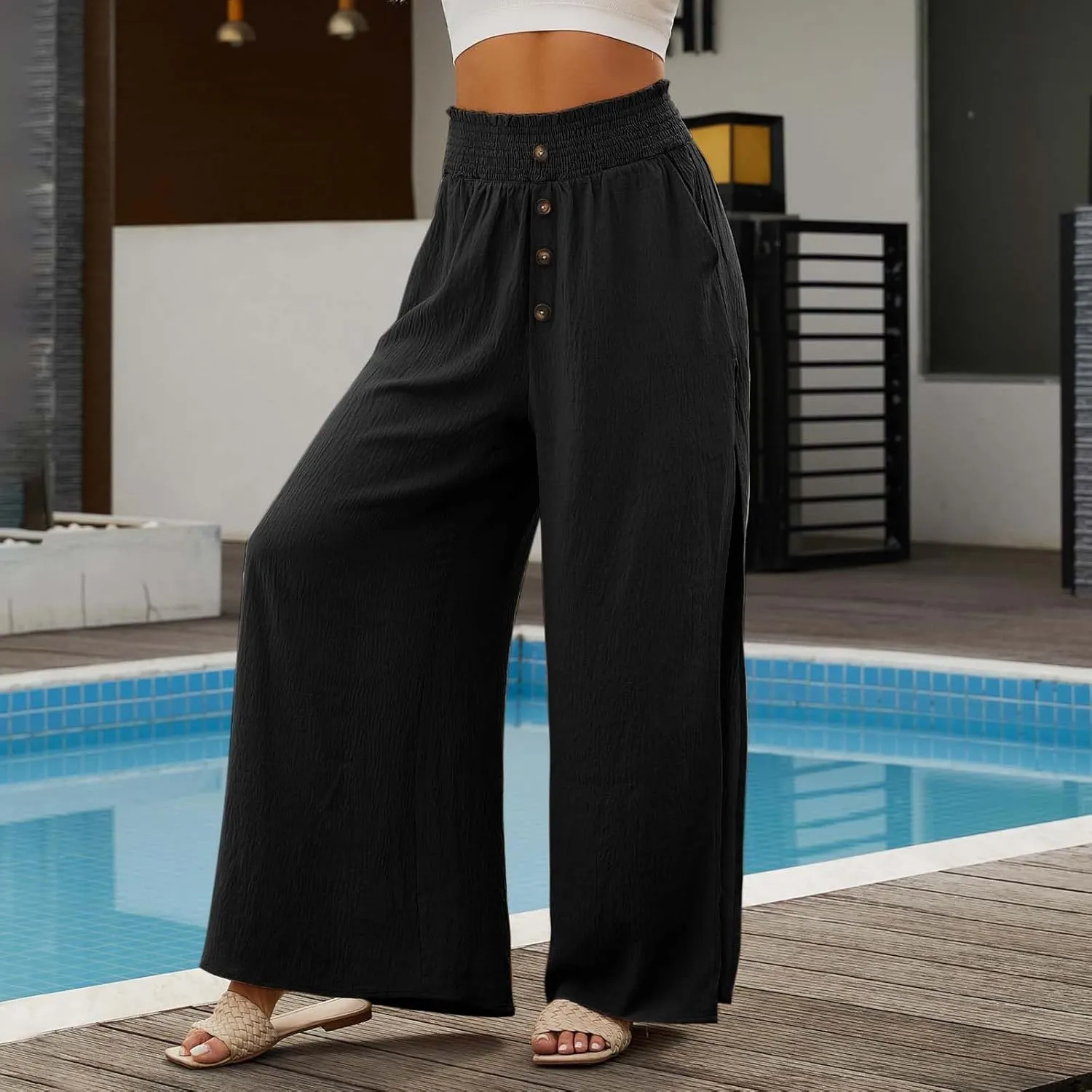 Women Linen Pants Summer Flowy Split Wide Leg Pants Casual Elastic Waist Palazzo Pants Boho Beach Pant Dressy Culottes