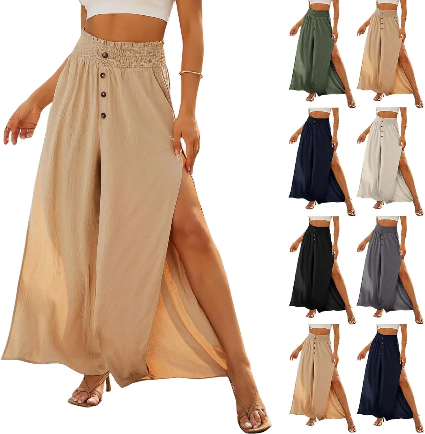 Women Linen Pants Summer Flowy Split Wide Leg Pants Casual Elastic Waist Palazzo Pants Boho Beach Pant Dressy Culottes
