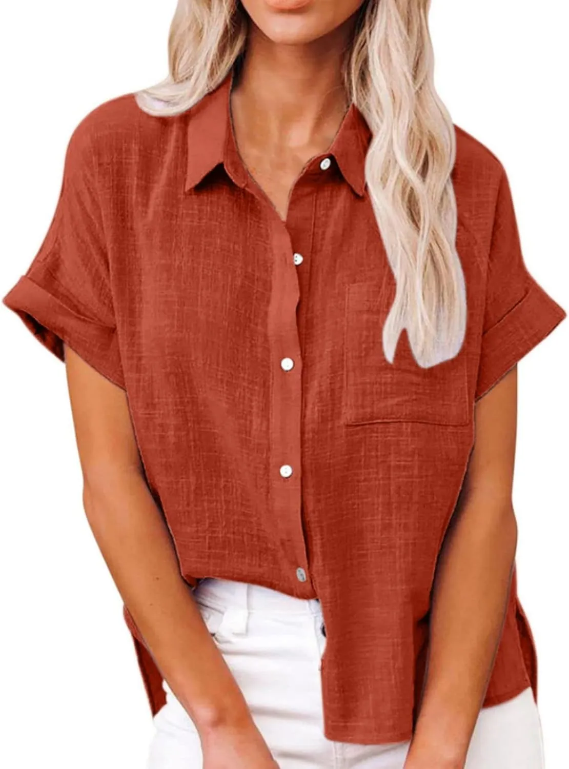 Women Linen Shirts Casual Short Sleeve Shirts Fashion V Neck Collared Button Down Tops Summer Work Blouses with Pocket