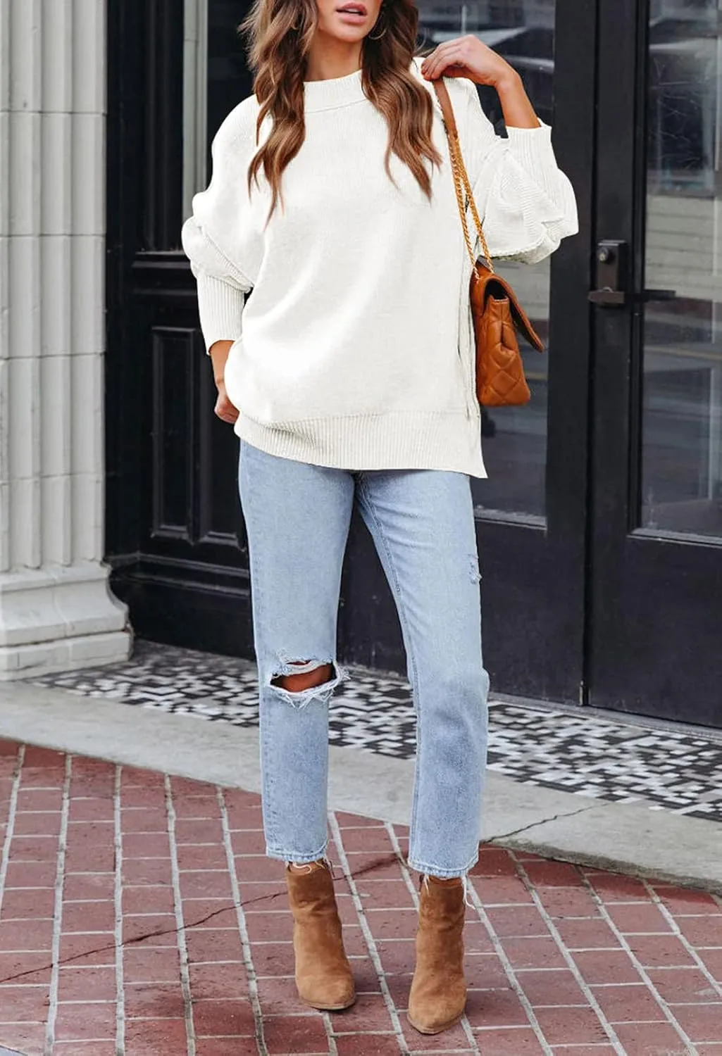 Women's 2023 Fall Casual Oversized Sweater Crewneck Batwing Sleeve Side Slit Ribbed Knit Pullover Tops