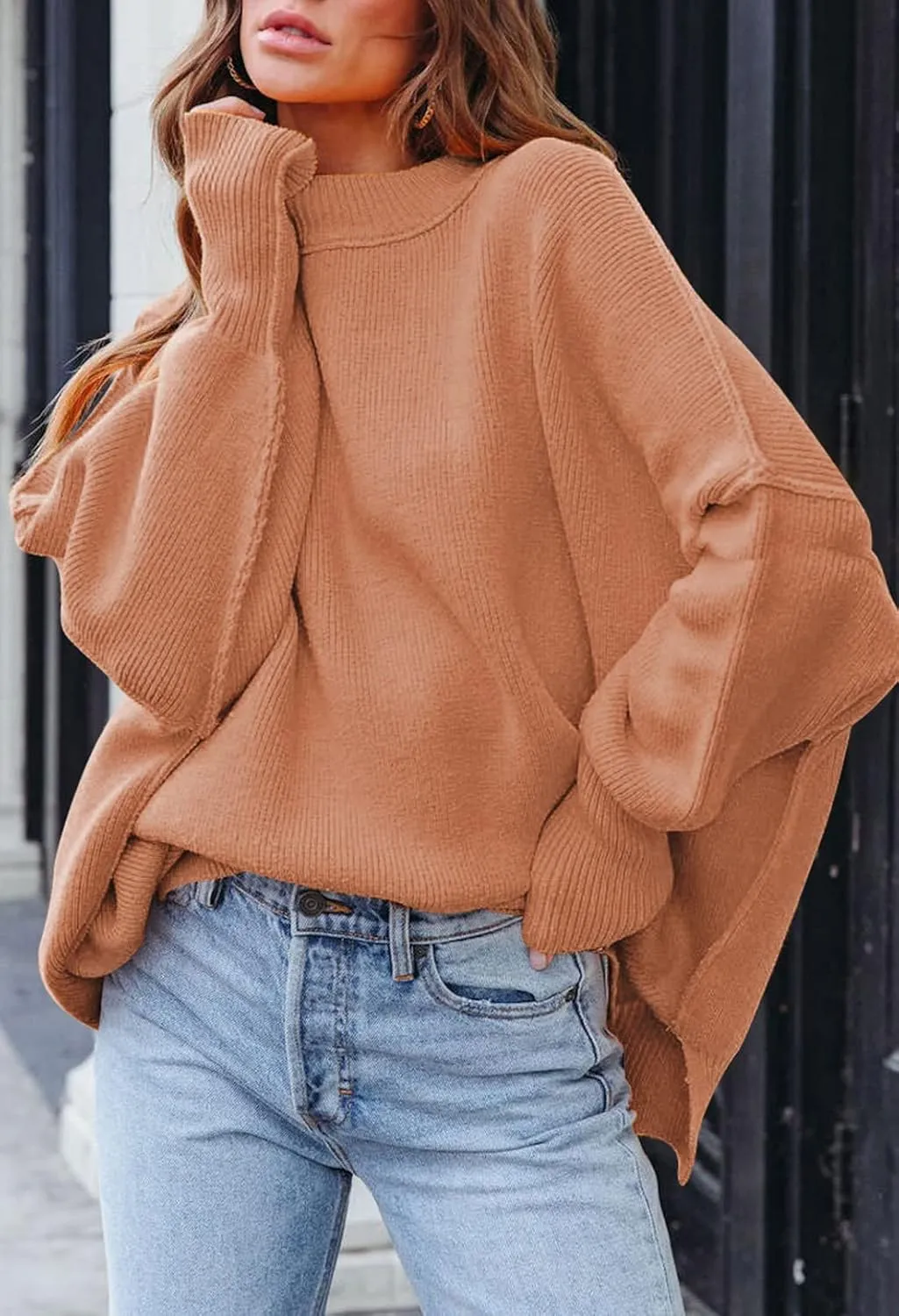 Women's 2023 Fall Casual Oversized Sweater Crewneck Batwing Sleeve Side Slit Ribbed Knit Pullover Tops