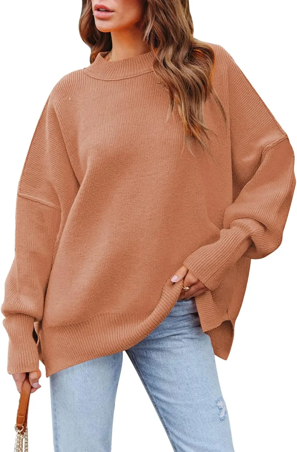 Women's 2023 Fall Casual Oversized Sweater Crewneck Batwing Sleeve Side Slit Ribbed Knit Pullover Tops