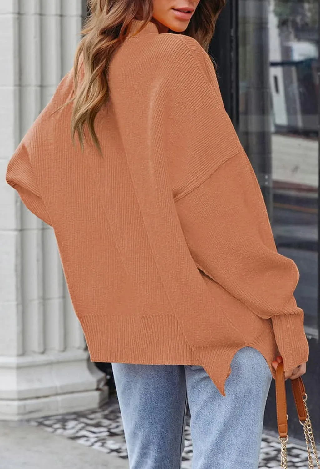 Women's 2023 Fall Casual Oversized Sweater Crewneck Batwing Sleeve Side Slit Ribbed Knit Pullover Tops