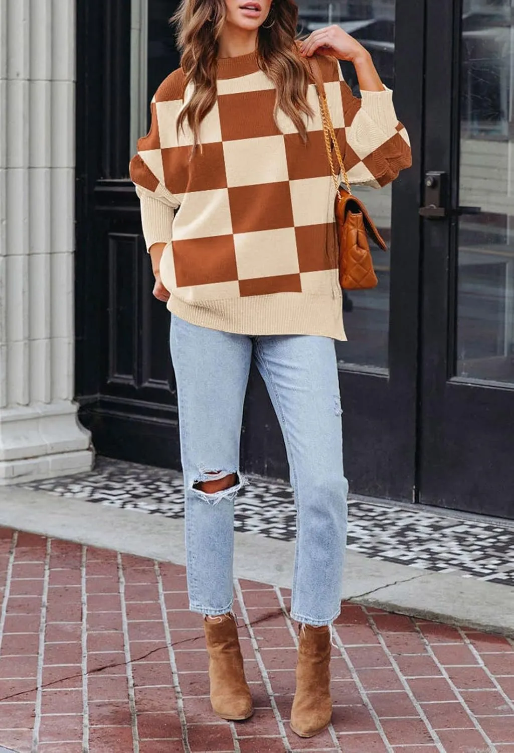 Women's 2023 Fall Casual Oversized Sweater Crewneck Batwing Sleeve Side Slit Ribbed Knit Pullover Tops
