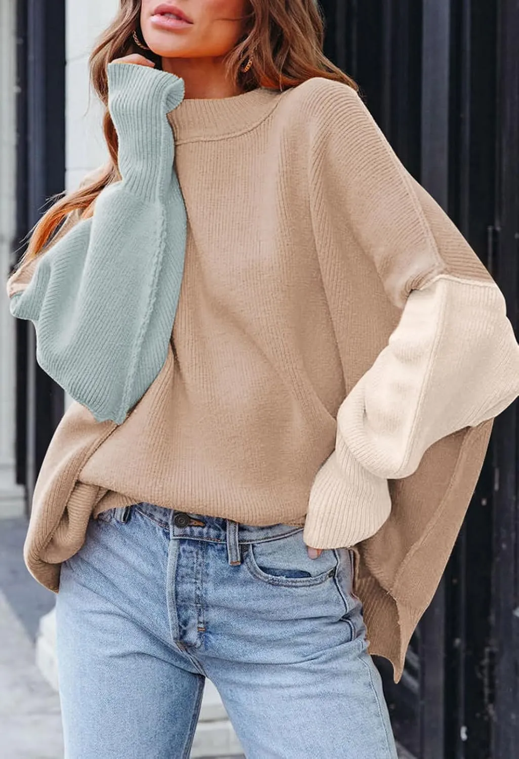 Women's 2023 Fall Casual Oversized Sweater Crewneck Batwing Sleeve Side Slit Ribbed Knit Pullover Tops