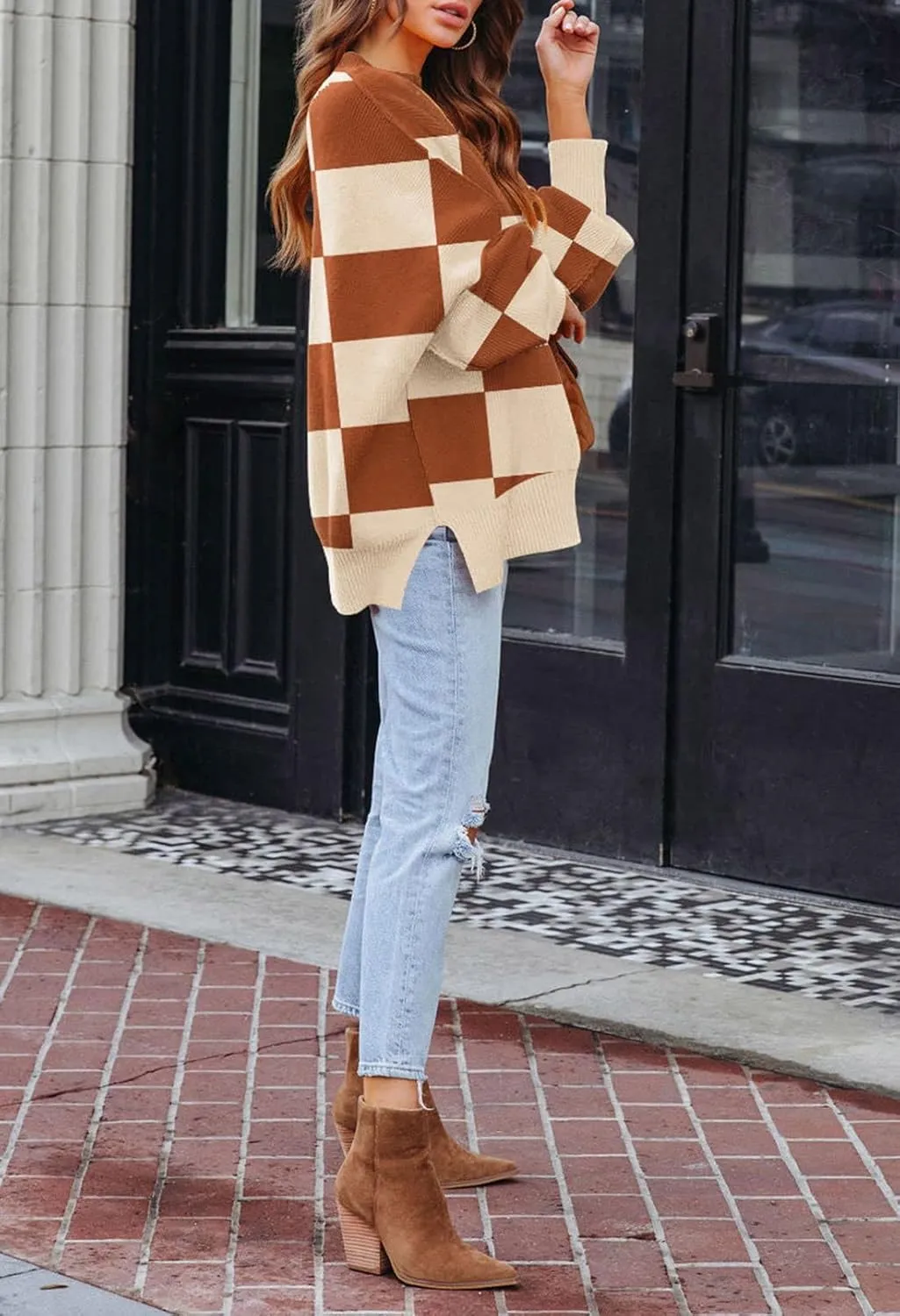Women's 2023 Fall Casual Oversized Sweater Crewneck Batwing Sleeve Side Slit Ribbed Knit Pullover Tops