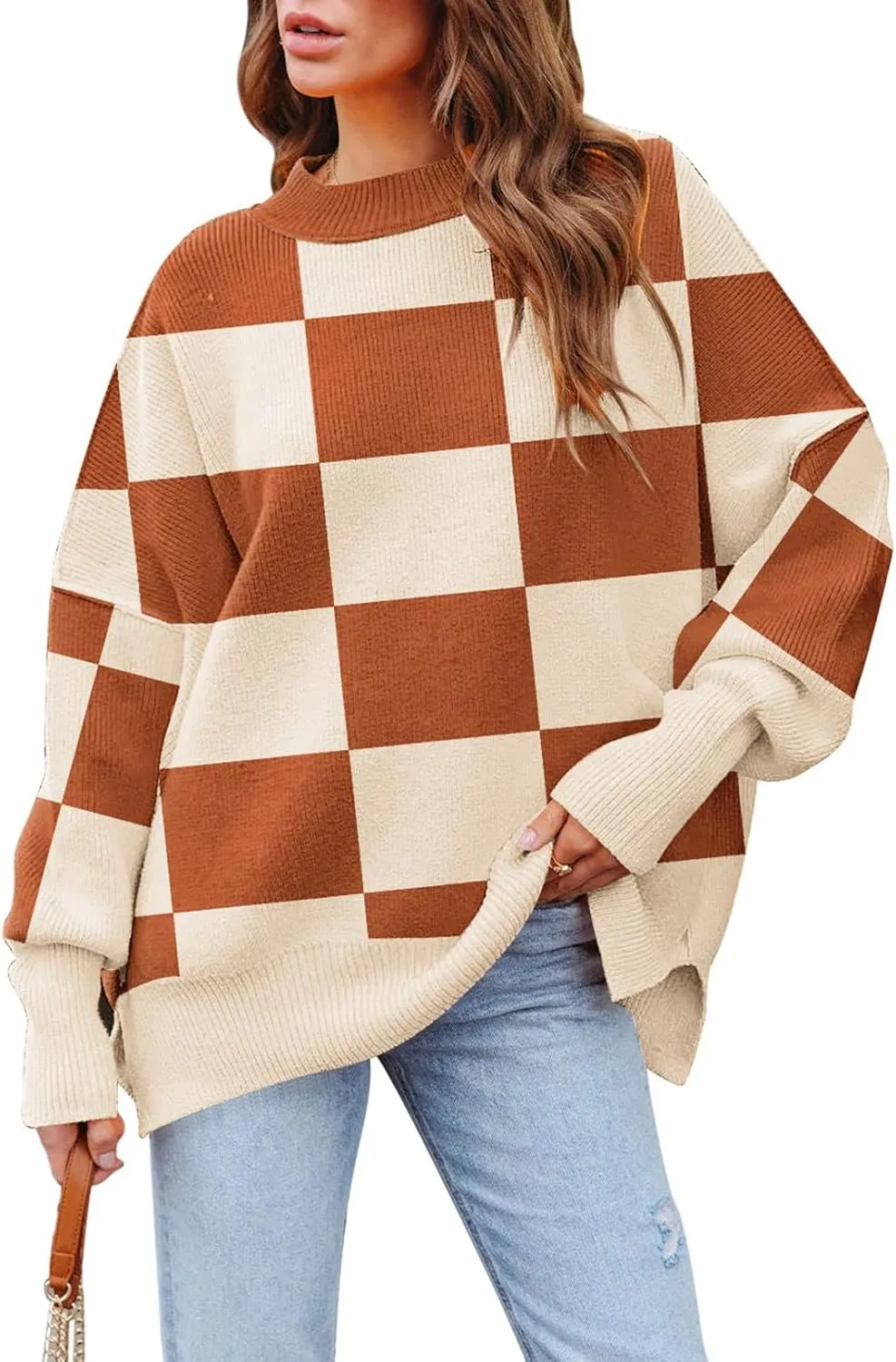 Women's 2023 Fall Casual Oversized Sweater Crewneck Batwing Sleeve Side Slit Ribbed Knit Pullover Tops