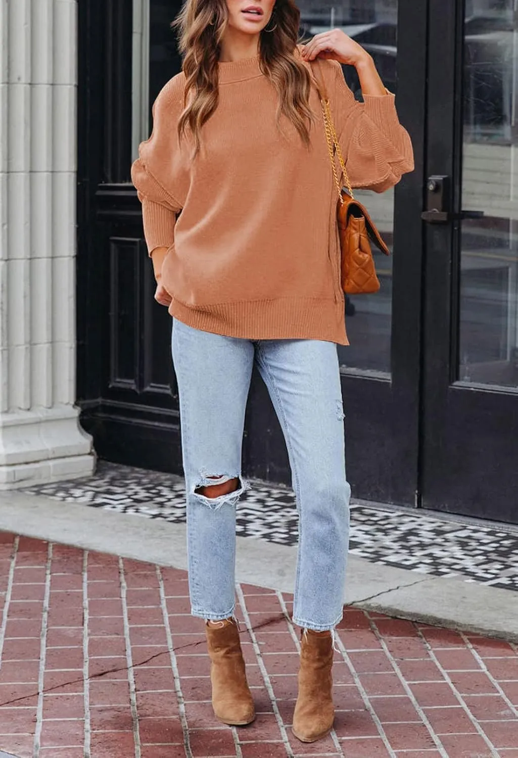 Women's 2023 Fall Casual Oversized Sweater Crewneck Batwing Sleeve Side Slit Ribbed Knit Pullover Tops