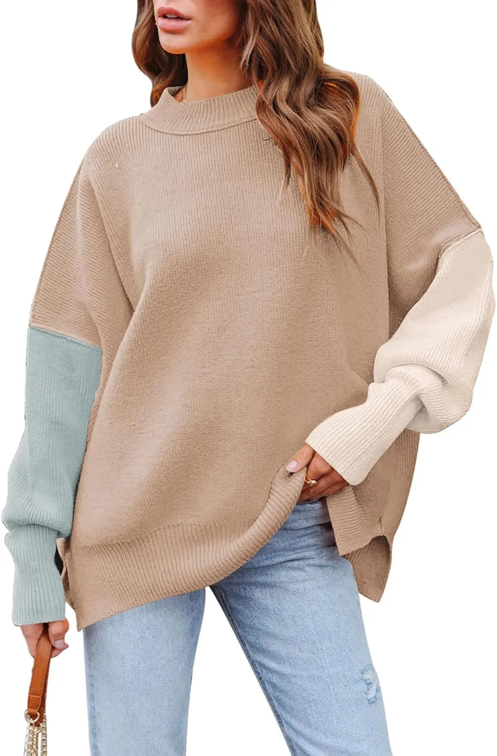 Women's 2023 Fall Casual Oversized Sweater Crewneck Batwing Sleeve Side Slit Ribbed Knit Pullover Tops