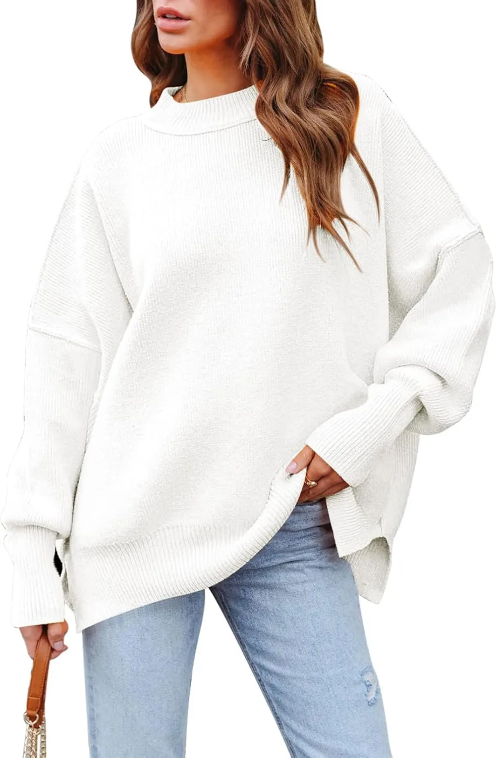 Women's 2023 Fall Casual Oversized Sweater Crewneck Batwing Sleeve Side Slit Ribbed Knit Pullover Tops