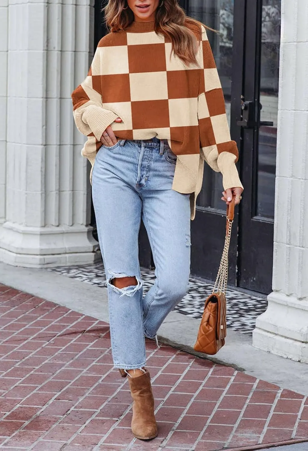 Women's 2023 Fall Casual Oversized Sweater Crewneck Batwing Sleeve Side Slit Ribbed Knit Pullover Tops