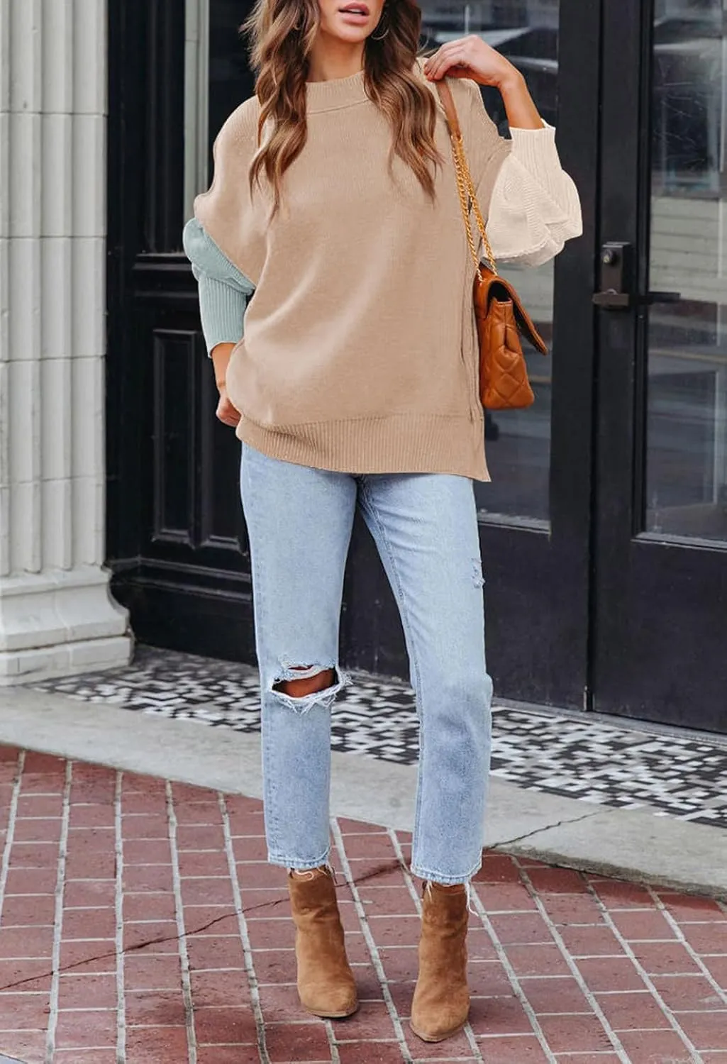 Women's 2023 Fall Casual Oversized Sweater Crewneck Batwing Sleeve Side Slit Ribbed Knit Pullover Tops