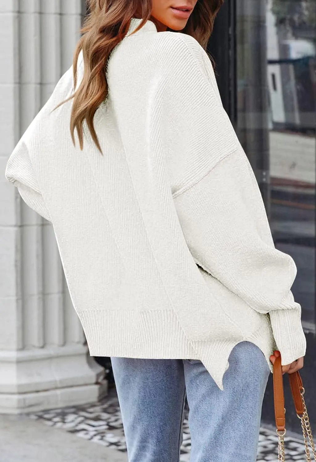 Women's 2023 Fall Casual Oversized Sweater Crewneck Batwing Sleeve Side Slit Ribbed Knit Pullover Tops