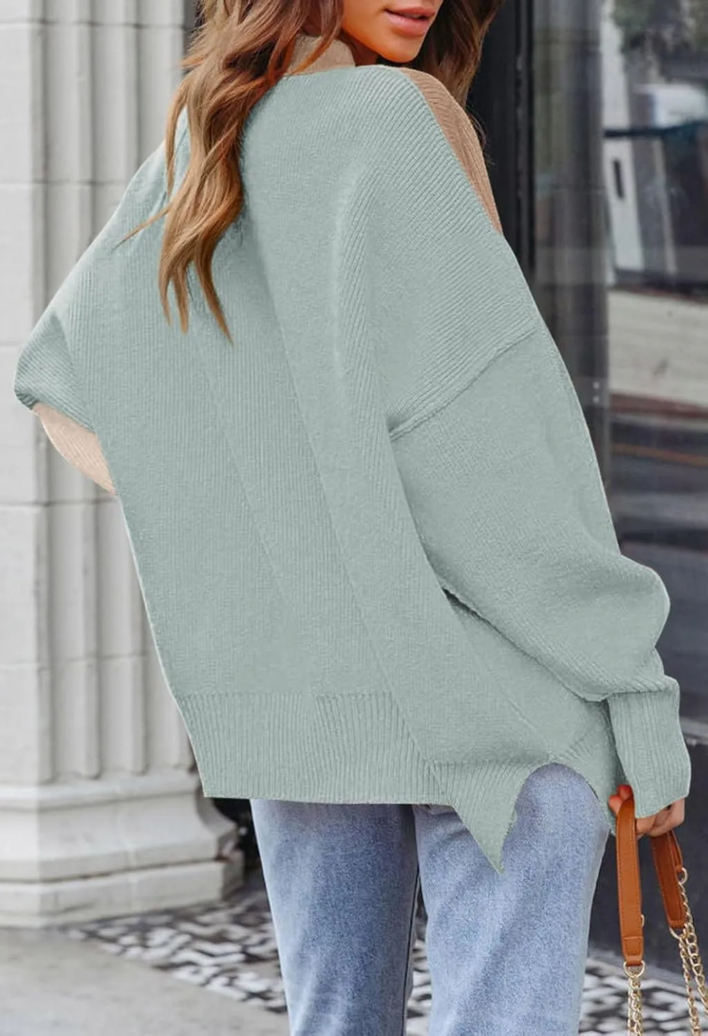 Women's 2023 Fall Casual Oversized Sweater Crewneck Batwing Sleeve Side Slit Ribbed Knit Pullover Tops