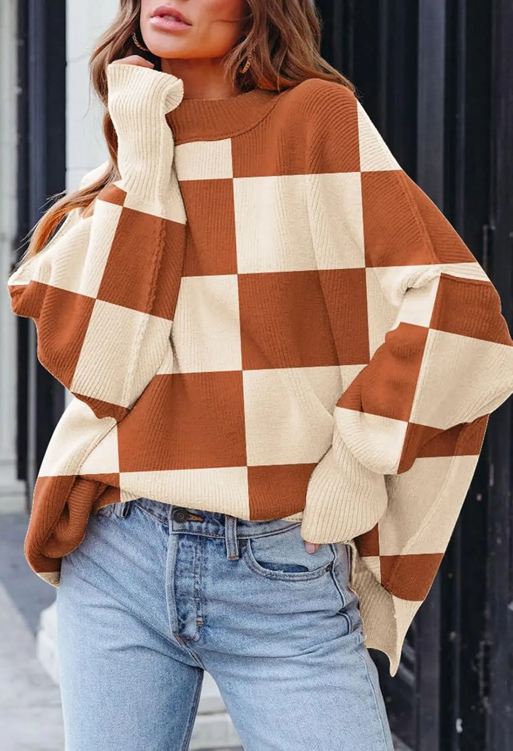 Women's 2023 Fall Casual Oversized Sweater Crewneck Batwing Sleeve Side Slit Ribbed Knit Pullover Tops