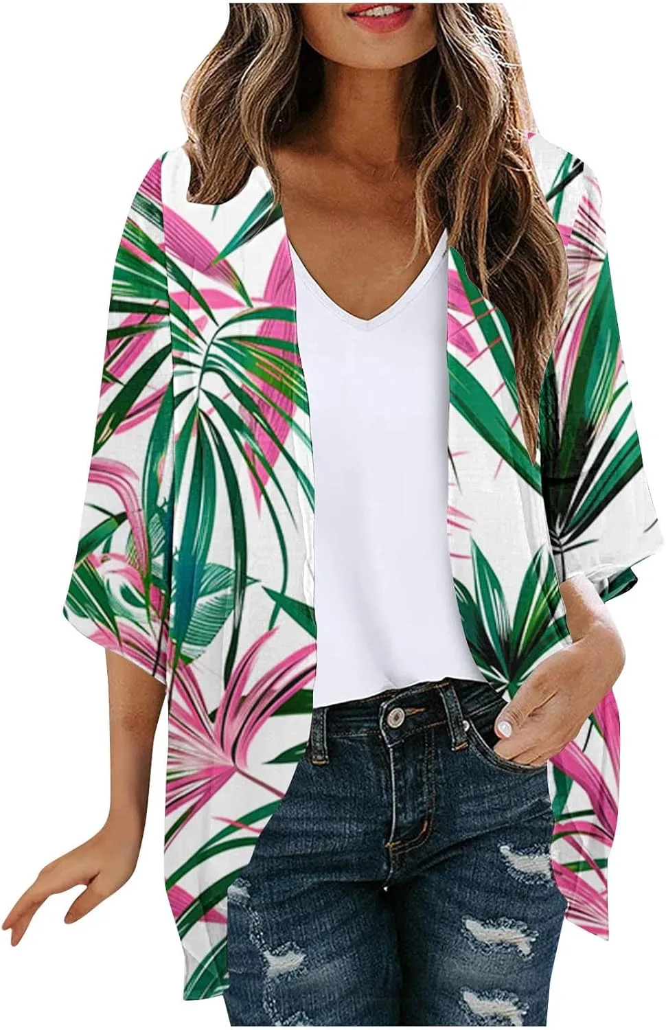 Women's Beach Bathing Suit Cover Up Floral Print Kimono Cardigan Summer Casual Loose Tops 2025 Comfy Vacation Clothes