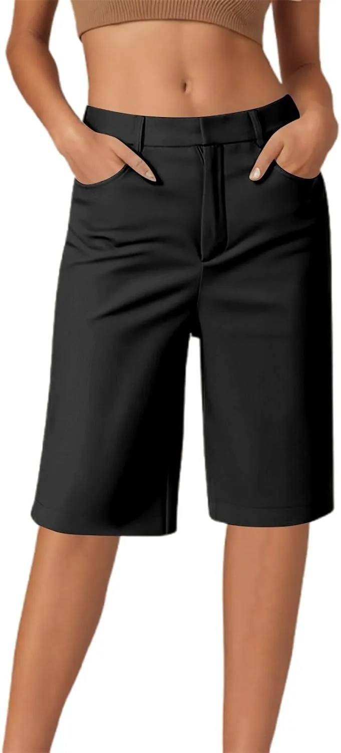 Womens Casual High Waist Straight Leg Pants Stretchy Button Business Dress Work Pocket Trousers Flat Front Slacks