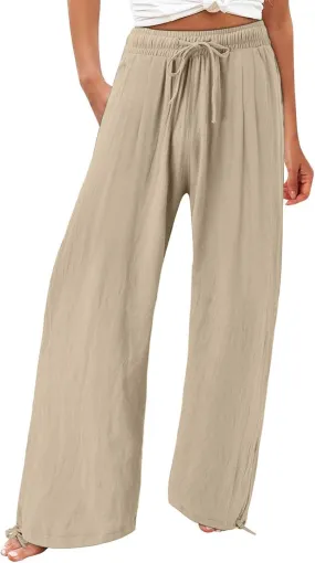 Womens Cotton and Linen Palazzo Pants 2025 Summer Casual Wide Leg Pants Fashion Loose Beach Trousers with Pocket