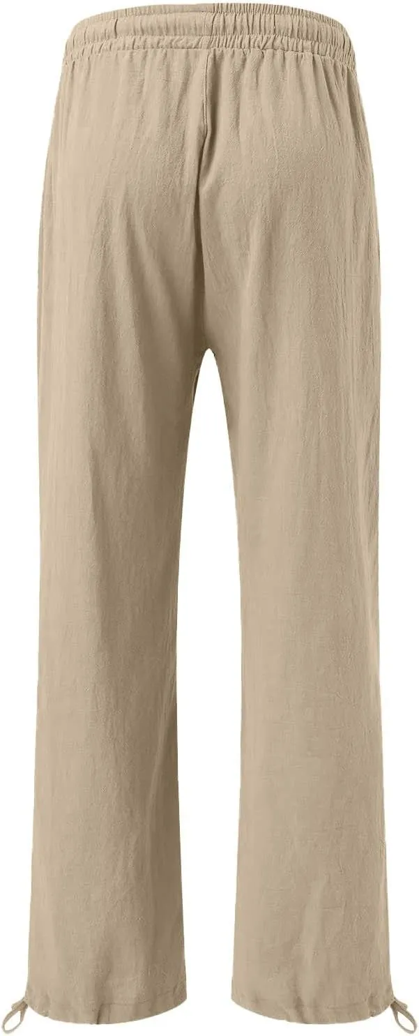 Womens Cotton and Linen Palazzo Pants 2025 Summer Casual Wide Leg Pants Fashion Loose Beach Trousers with Pocket