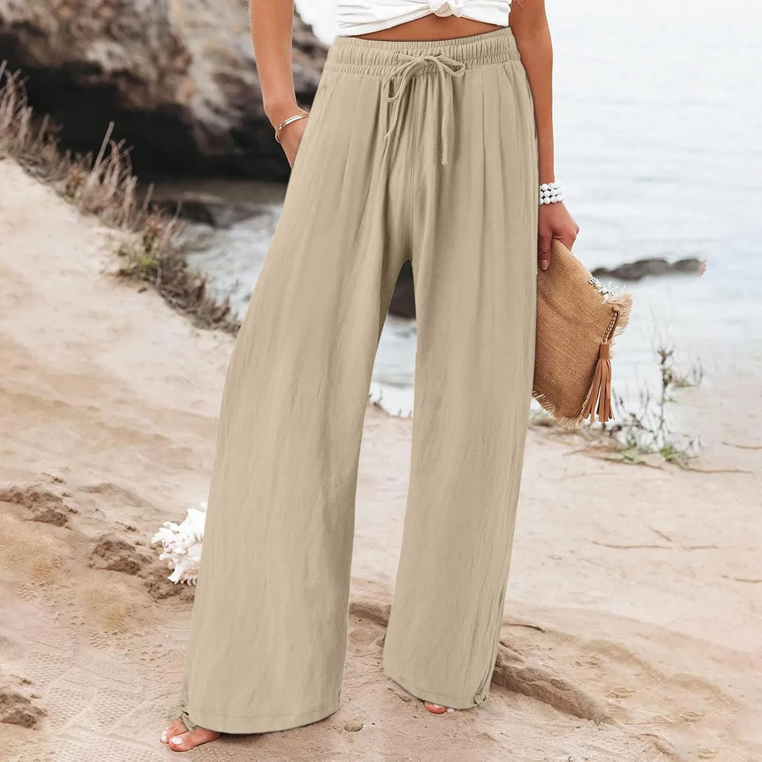 Womens Cotton and Linen Palazzo Pants 2025 Summer Casual Wide Leg Pants Fashion Loose Beach Trousers with Pocket