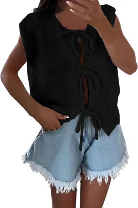Womens Denim Tie Front Tops Babydoll Peplum Puff Sleeve Jean Shirts Crew Neck Summer Casual Bow Blouses