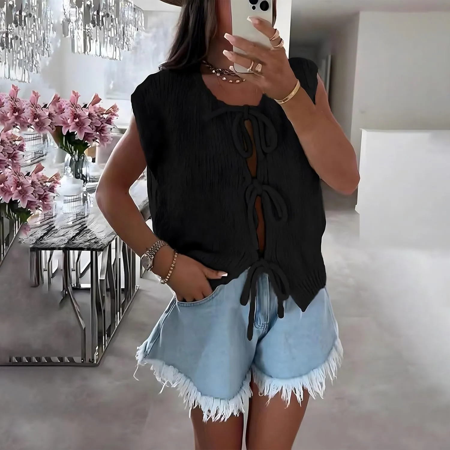 Womens Denim Tie Front Tops Babydoll Peplum Puff Sleeve Jean Shirts Crew Neck Summer Casual Bow Blouses