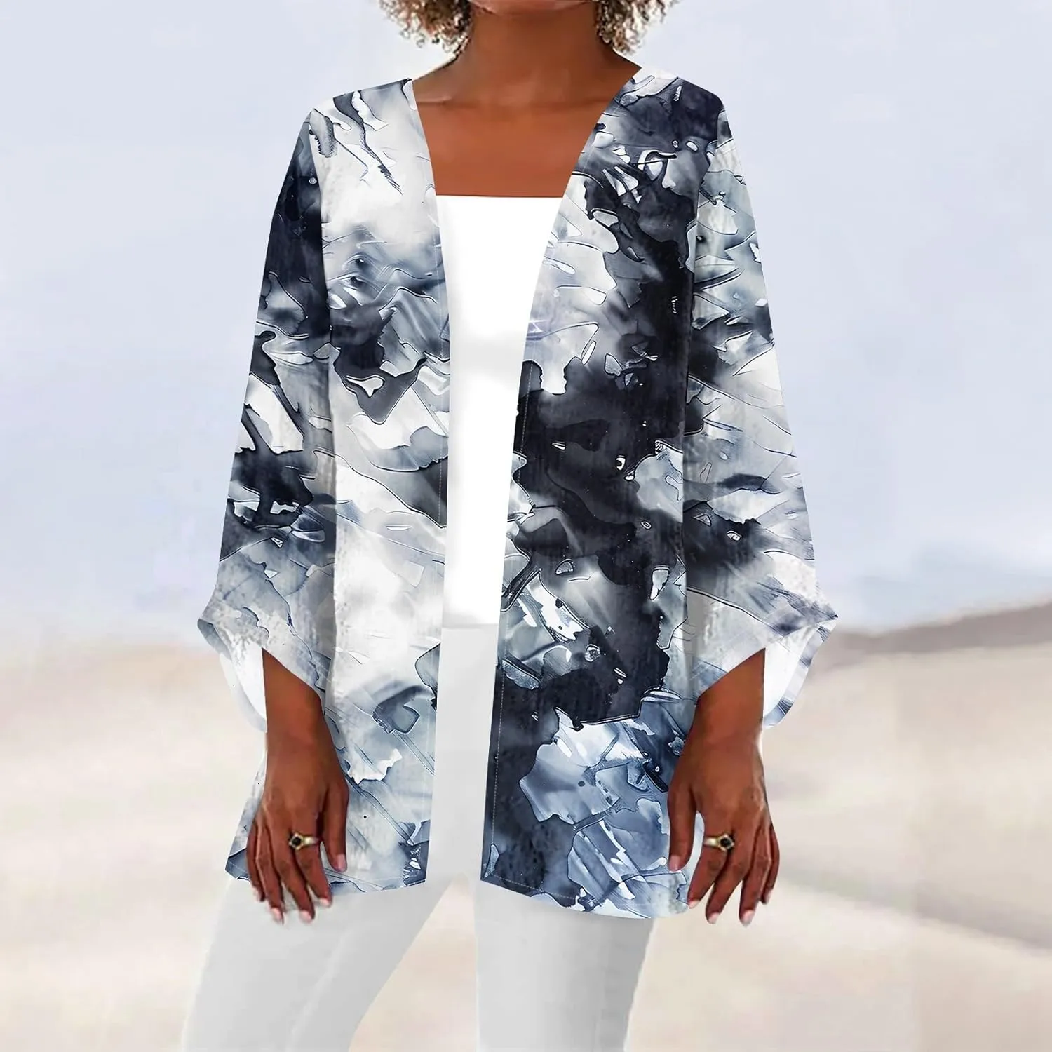 Women's Floral Print 3/4 Sleeve Kimono Cardigan Oversized Loose Fit Cover Up Casual Blouse Tops Boho Light Jacket