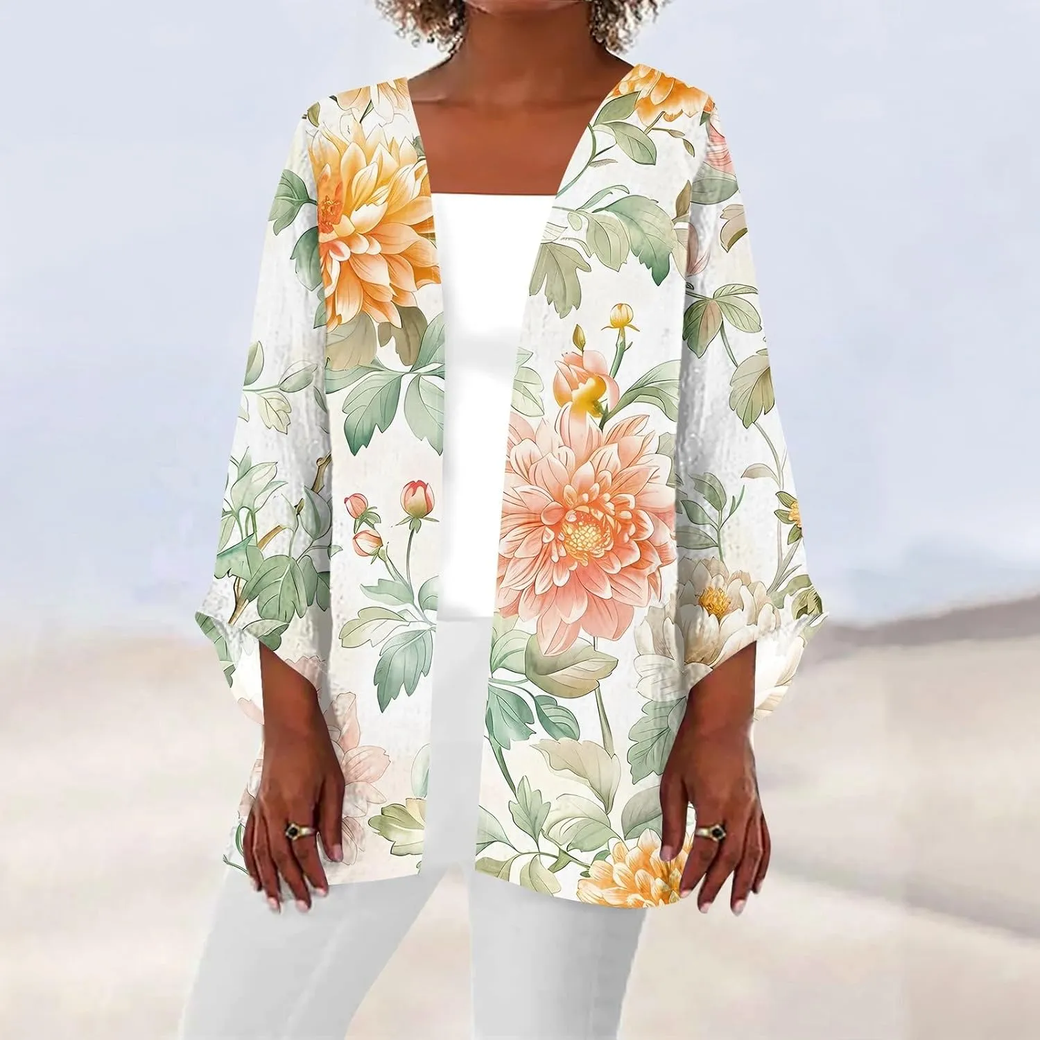 Women's Floral Print 3/4 Sleeve Kimono Cardigan Oversized Loose Fit Cover Up Casual Blouse Tops Boho Light Jacket