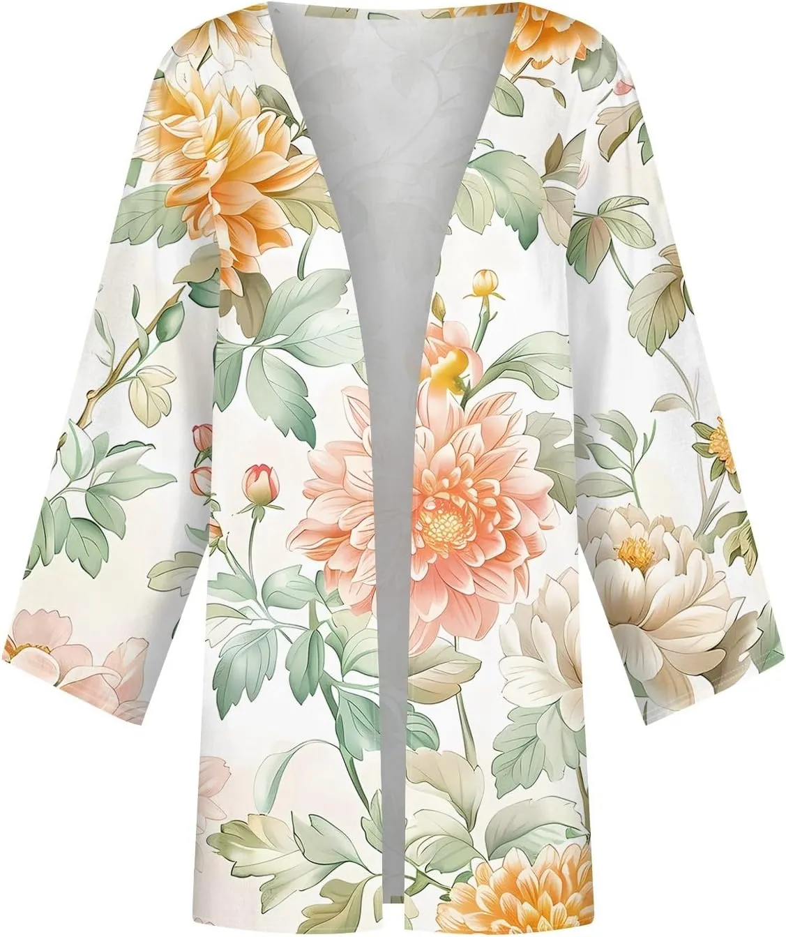 Women's Floral Print 3/4 Sleeve Kimono Cardigan Oversized Loose Fit Cover Up Casual Blouse Tops Boho Light Jacket
